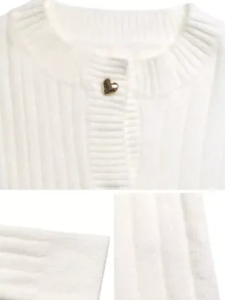 Heart Button Ribbed Knit Cardigan Round Neck Long Sleeve Top For Women 2026