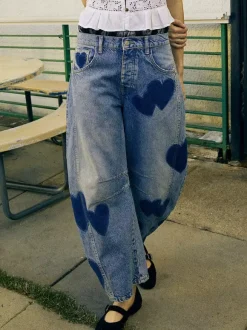 Heart Pattern Barrel Jeans For Women - Light Blue Horseshoe Baggy Denim Trousers - Spring Music Festival 2026