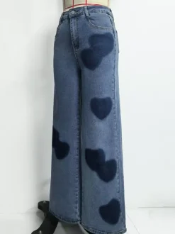 Heart Pattern Wide Leg Jeans For Women - Medium Blue Cute Boho Straight Denim Pants - Spring Date Night Streetwear 2026