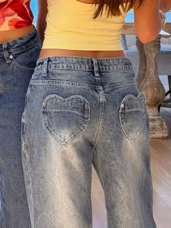 Heart Pocket Wide Leg Jeans For Women - Acid Wash Blue Y2K Baggy Straight Denim Pants - Spring Date Night Streetwear 2026