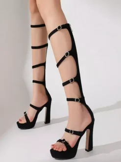 High Heel Gladiator Sandals Black Open Toe Buckle Detail Sandal Shoes