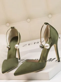 High Heel Party Shoes Olive Pointed Toe Stiletto Heel Evening Shoes Ankle Heels