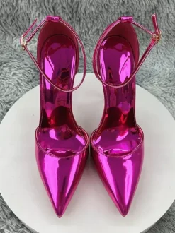 High Heel Pumps Metallic Pointed Toe Ankle Strap Party Shoes