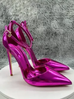 High Heel Pumps Metallic Pointed Toe Ankle Strap Party Shoes