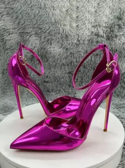 High Heel Pumps Metallic Pointed Toe Ankle Strap Party Shoes