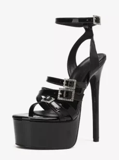 High Heel Sexy Sandals Black PU Leather Open Toe 2.4" Rhinestones 6.3" Sexy Shoes