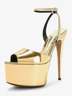 High Heel Sexy Sandals Silver PU Leather Pointed Toe Buckle Sexy Shoes