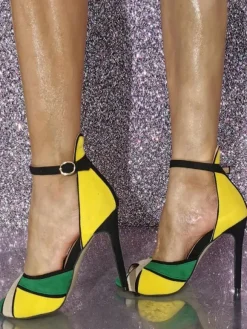 High Heels Sandals Green and Yellow Peep Toe Ankle Strap Sandal Women High Heels Shoes