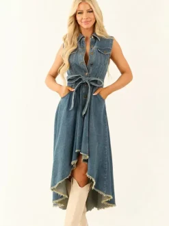 High Low Denim Midi Dress For Women - Medium Wash Sleeveless Bow Tie Waist Gown With Pockets - Summer Festival Wear 2026