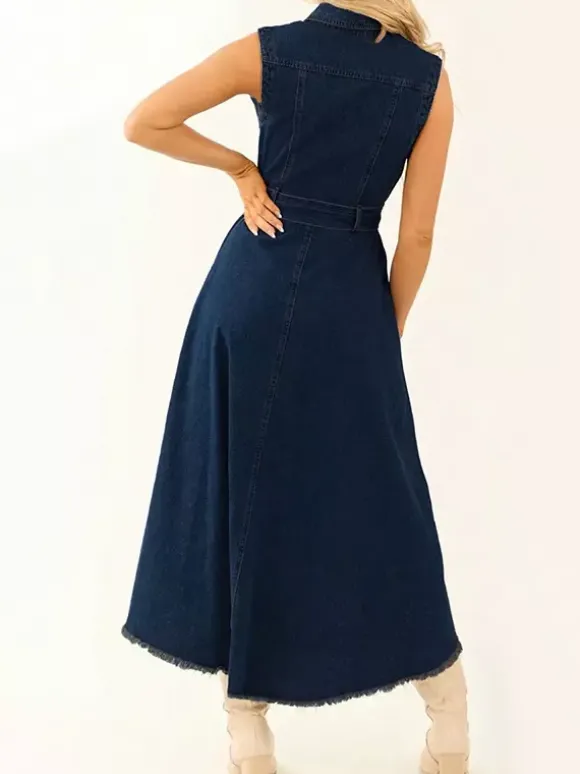 High Low Denim Midi Dress For Women - Medium Wash Sleeveless Bow Tie Waist Gown With Pockets - Summer Festival Wear 2026