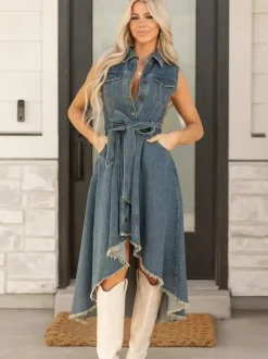 High Low Denim Midi Dress For Women - Medium Wash Sleeveless Bow Tie Waist Gown With Pockets - Summer Festival Wear 2026