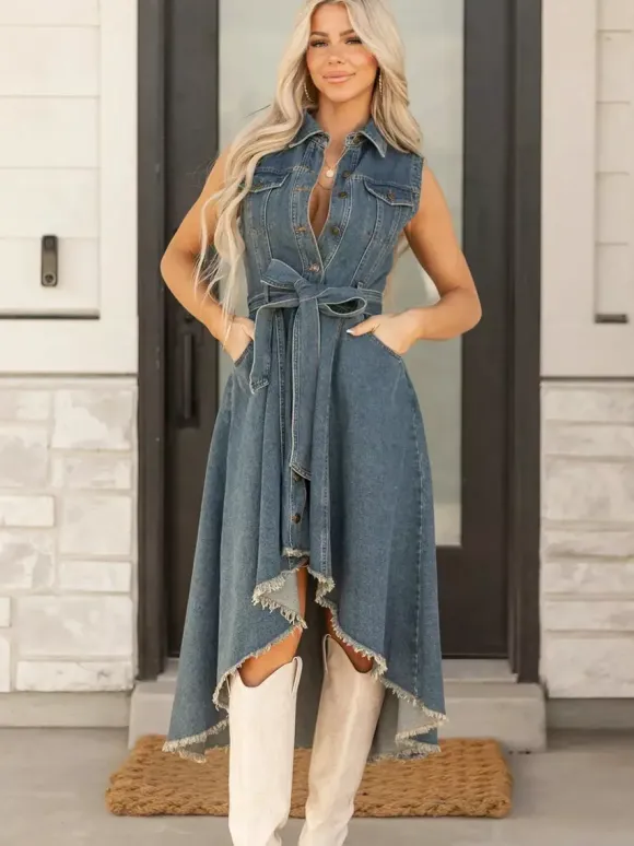 High Low Denim Midi Dress For Women - Medium Wash Sleeveless Bow Tie Waist Gown With Pockets - Summer Festival Wear 2026