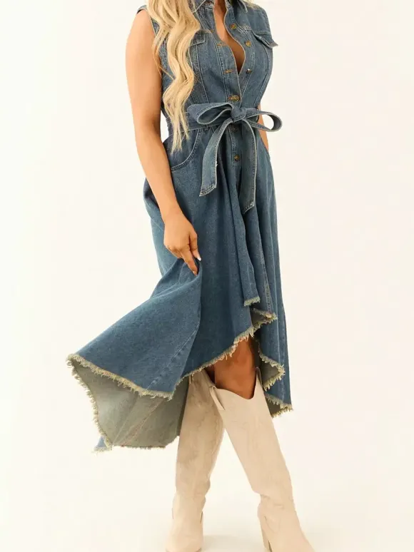 High Low Denim Midi Dress For Women - Medium Wash Sleeveless Bow Tie Waist Gown With Pockets - Summer Festival Wear 2026