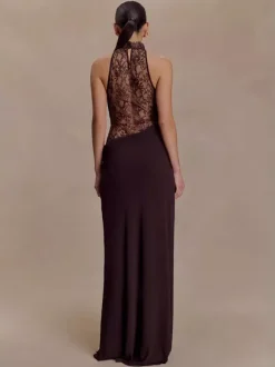 High Neck Lace Patchwork Cutout Sleeveless Maxi Bodycon Dress For Women 2026