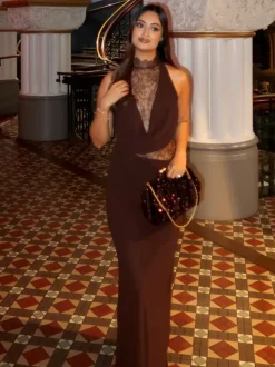 High Neck Lace Patchwork Cutout Sleeveless Maxi Bodycon Dress For Women 2026