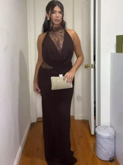 High Neck Lace Patchwork Cutout Sleeveless Maxi Bodycon Dress For Women 2026