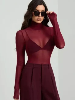 High Neck Long Sleeve Mesh Base Layer Top With Lettuce Edge For Women 2026