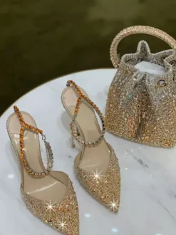 High Heel Party Shoes Glitter Pointed Toe Ankle Strap Pumps