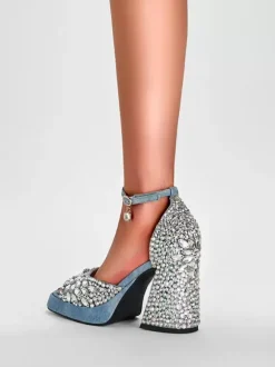 High Heel Sandals Blue Denim Rhinestones Block Heel Ankle Strap Party Shoes