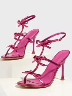 High Heel Sandals Gold Bow Strappy Ankle Strap Party Shoes