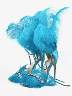 High Heel Sandals Gold Feather Detail Rhinestones Prom Party  shoes