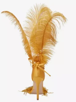 High Heel Sandals Gold Feather Detail Rhinestones Prom Party  shoes