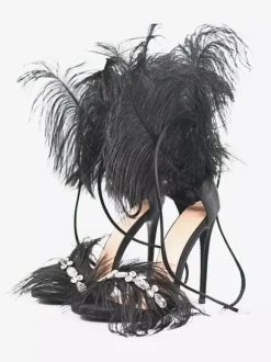 High Heel Sandals Gold Feather Detail Rhinestones Prom Party  shoes