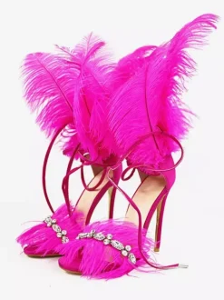 High Heel Sandals Gold Feather Detail Rhinestones Prom Party  shoes