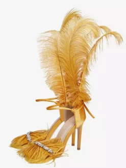 High Heel Sandals Gold Feather Detail Rhinestones Prom Party  shoes