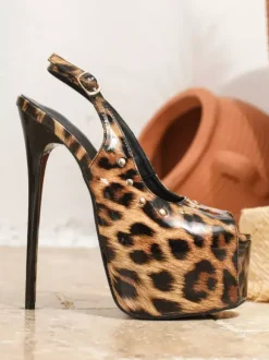 High Heel Sexy Pumps Platform Peep Toe Leopard Slingback Shoes