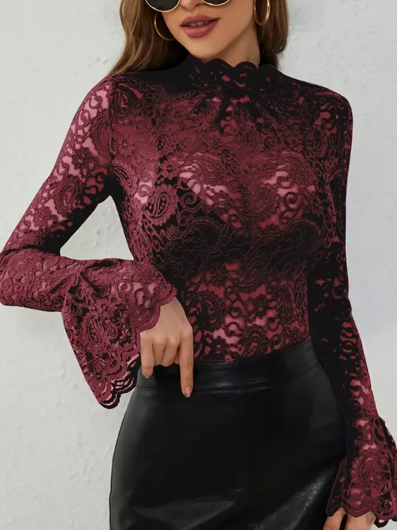 High Neck Bell Sleeve Slim Fit Paisley Lace Top For Women 2026