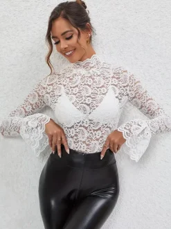 High Neck Bell Sleeve Slim Fit Paisley Lace Top For Women 2026