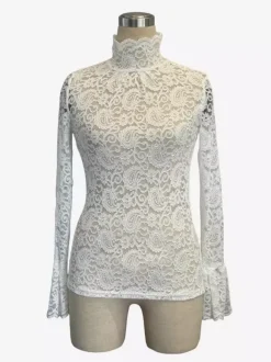 High Neck Bell Sleeve Slim Fit Paisley Lace Top For Women 2026