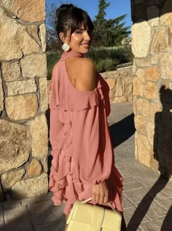 High Neck Cold Shoulder Ruffle Layered Lantern Sleeve Mini Dress For Women 2026