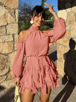 High Neck Cold Shoulder Ruffle Layered Lantern Sleeve Mini Dress For Women 2026