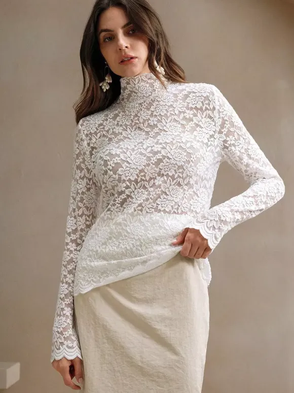 High Neck Floral Lace Long Sleeve Sheer Slim Fit Top For Women 2026