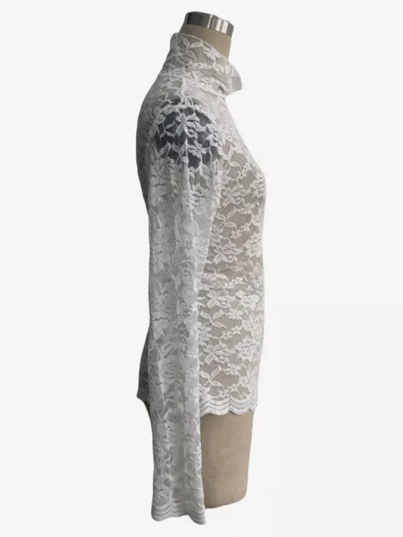 High Neck Floral Lace Long Sleeve Sheer Slim Fit Top For Women 2026