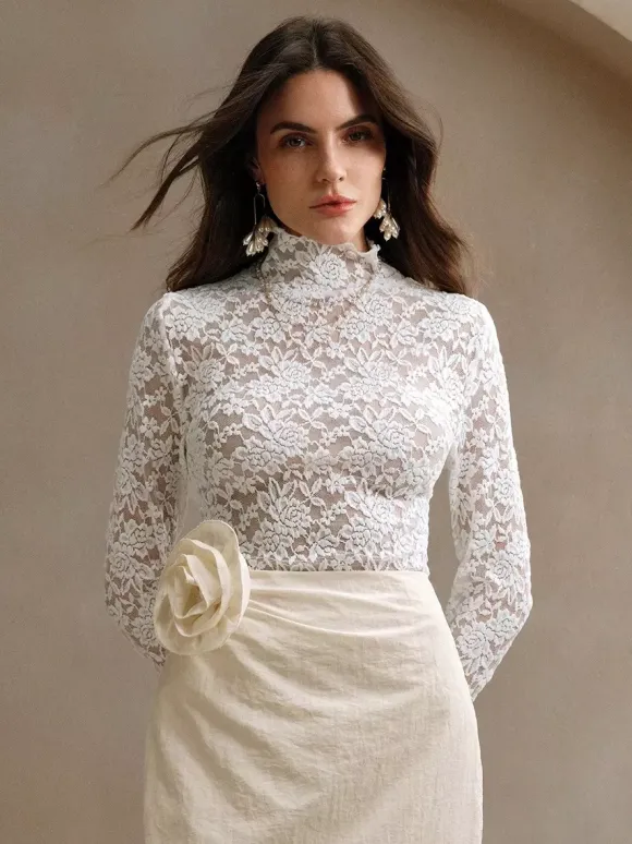 High Neck Floral Lace Long Sleeve Sheer Slim Fit Top For Women 2026