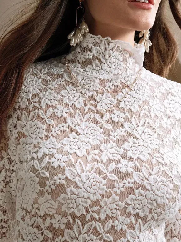 High Neck Floral Lace Long Sleeve Sheer Slim Fit Top For Women 2026