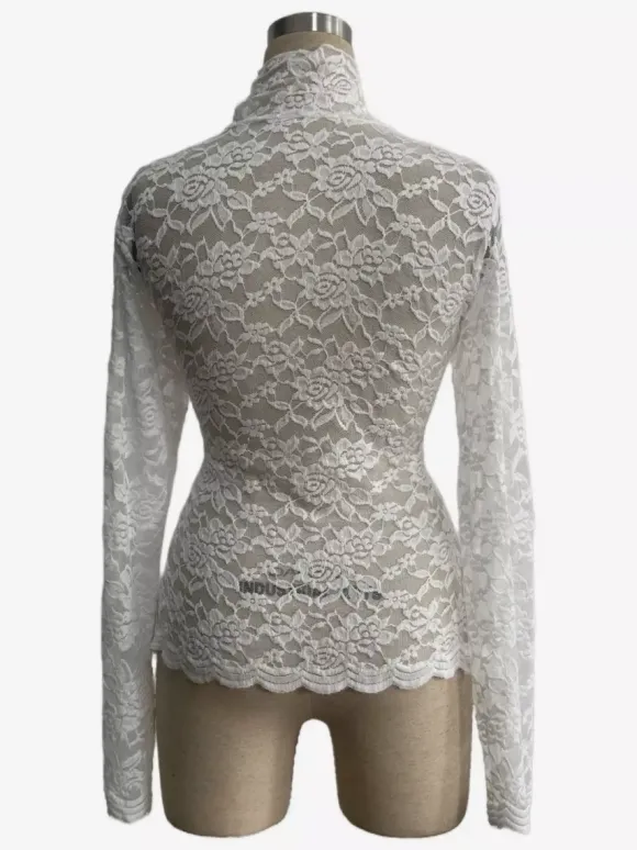 High Neck Floral Lace Long Sleeve Sheer Slim Fit Top For Women 2026
