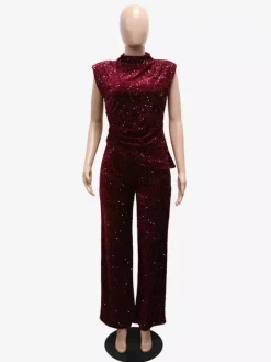 High Neck Sleeveless Sparkly Sequin Wide Leg Party Jumpsuit For Women 2026