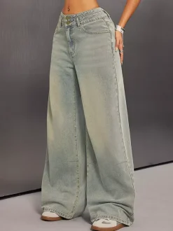 High Rise Baggy Jeans For Women - Light Blue Dirty Effect Wide Leg Washed Denim Pants - Spring Music Festival 2026