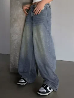 High Rise Baggy Skater Jeans For Women - Distressed Wide Leg Puddle Pants - Spring Daily Streetwear 2026