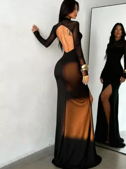 High Slit Mesh Sleeve Women Maxi Dress - Sexy Open Back Slim Black Bodycon - Goth Core Party Night Outfit 2026