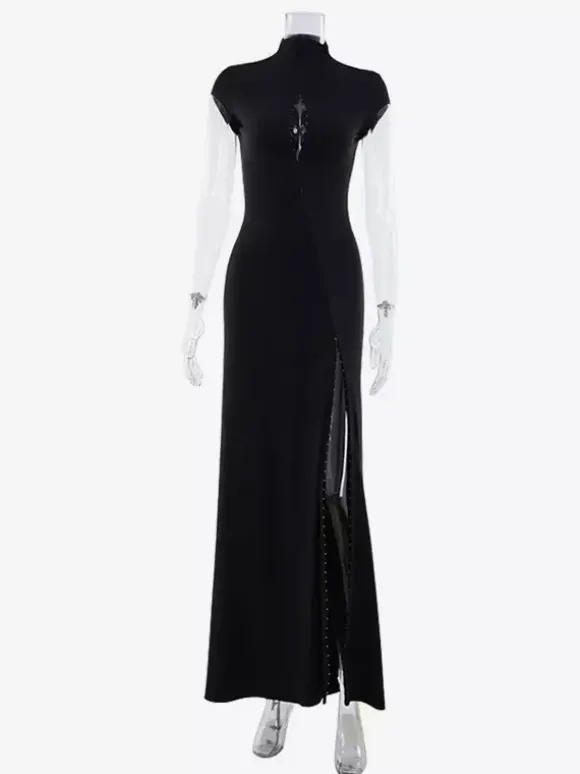 High Slit Mock Neck Slim Fit Maxi Gown Dress For Women 2026