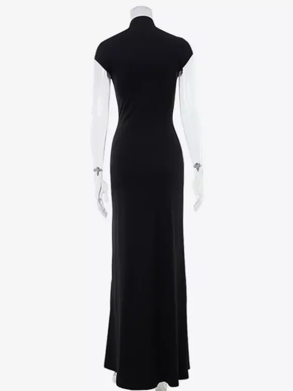 High Slit Mock Neck Slim Fit Maxi Gown Dress For Women 2026