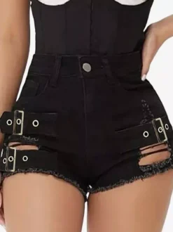 High Waist Double Metal Buckle Cut Out Raw Hem Black Denim Mini Shorts