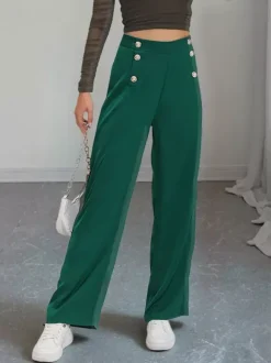 High Waist Double Row Button Decor Wide Leg Suit Pants Draped Formal Trousers