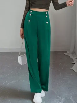 High Waist Double Row Button Decor Wide Leg Suit Pants Draped Formal Trousers