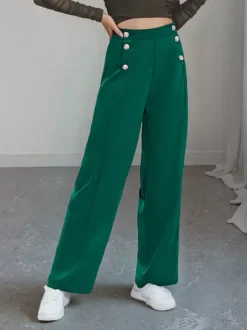 High Waist Double Row Button Decor Wide Leg Suit Pants Draped Formal Trousers